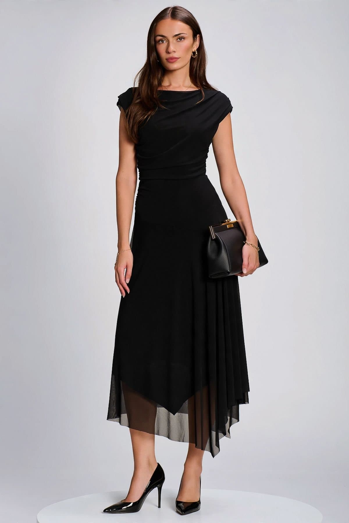 Jolie Moi Jolie Moi Women's Asymmetrical Draped Mesh Maxi Dress in Black