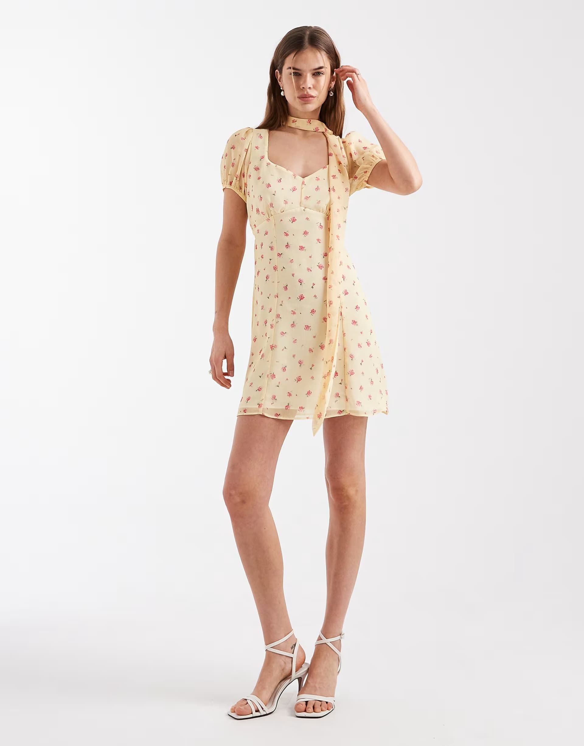 ASOS New Look ditsy chiffon scarf mini dress in yellow floral