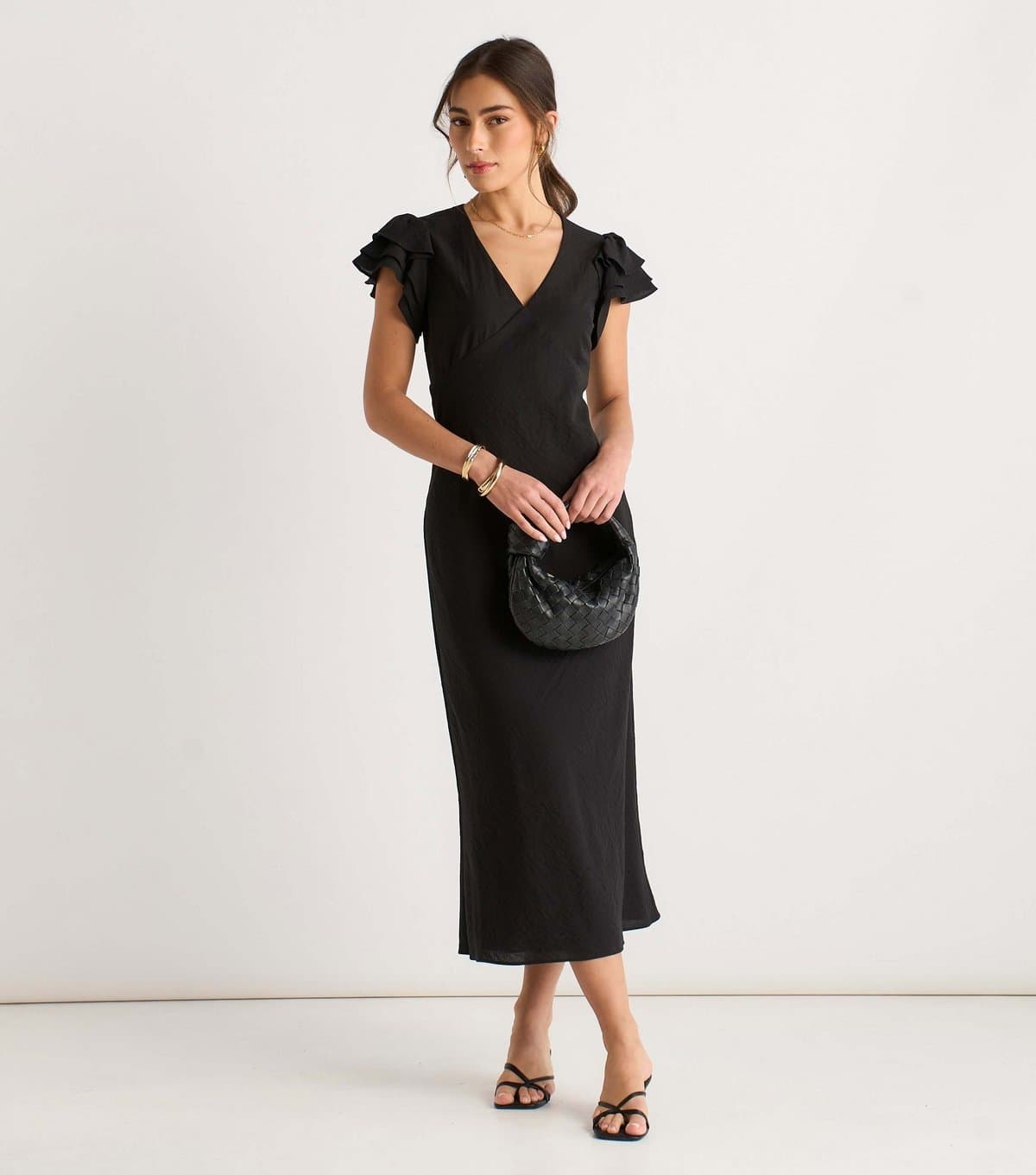 Gini London Women's Black V Neck Ruffle Midi Dress Gini London New Look