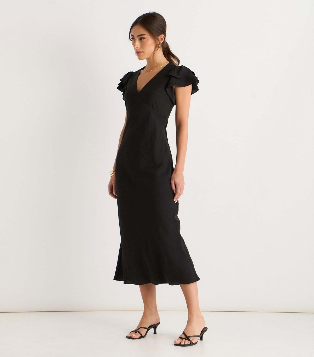 Gini London Women's Black V Neck Ruffle Midi Dress Gini London New Look - 4