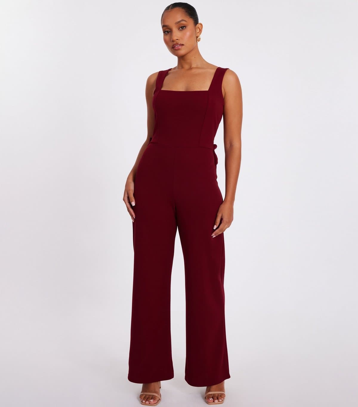 Quiz Women's Petite Dark Red Bow Back Square Neck Jumpsuit Quiz New Look