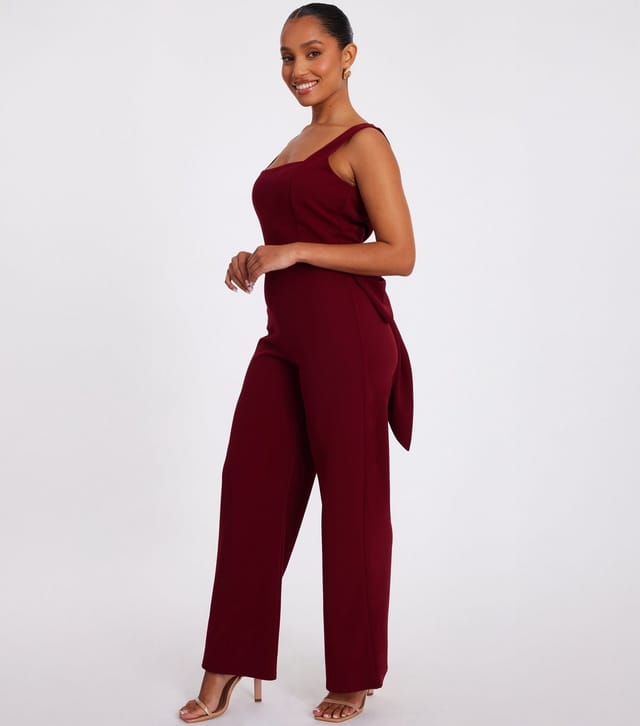 Quiz Women's Petite Dark Red Bow Back Square Neck Jumpsuit Quiz New Look - 2