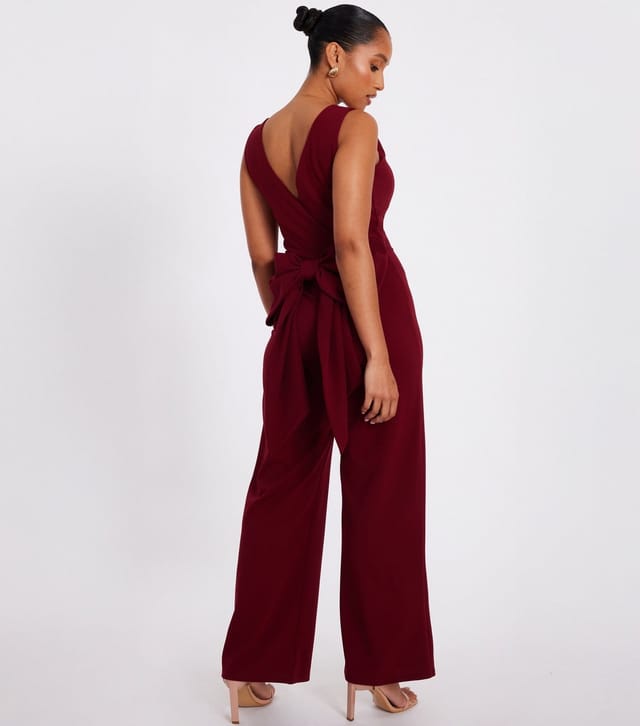Quiz Women's Petite Dark Red Bow Back Square Neck Jumpsuit Quiz New Look - 3