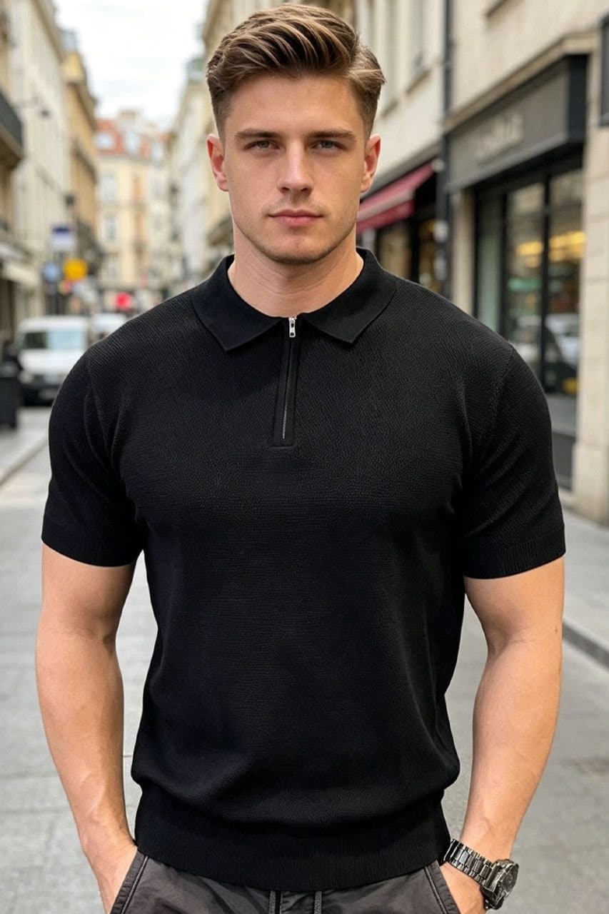 Lovii Lovii Men's Men Half Zip Knit Polo Thin Short Sleeve Summer T-Shirt Black