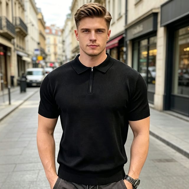 Lovii Lovii Men's Men Half Zip Knit Polo Thin Short Sleeve Summer T-Shirt Black - 2
