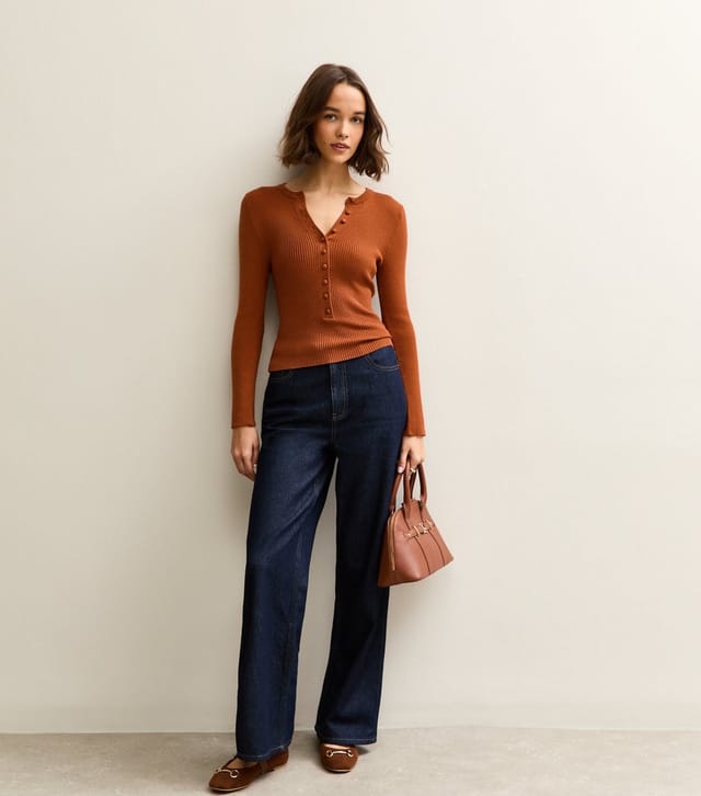 New Look Women's Tan Ribbed Knit Long Sleeve Button Up Jumper New Look - 2