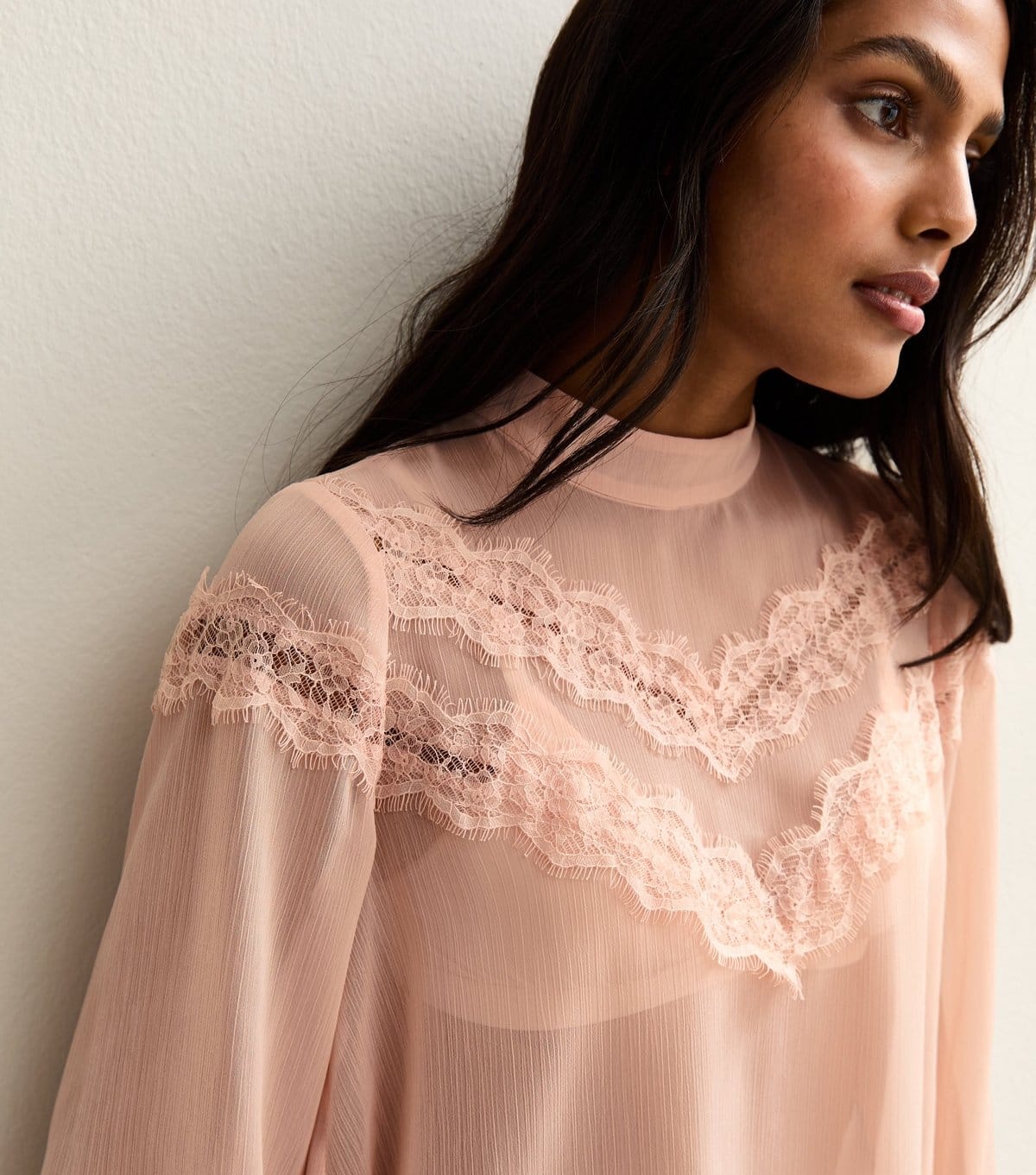 New Look Pink Chiffon Lace-Trimmed High Neck Blouse