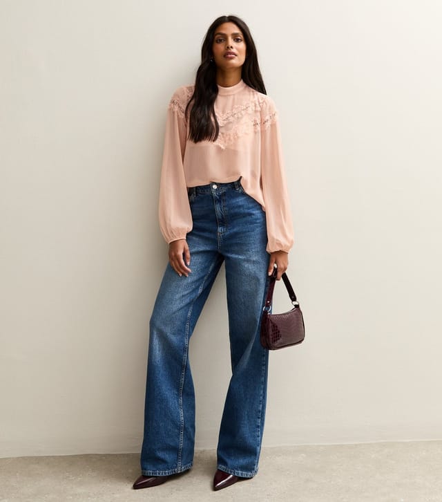 New Look Women's Pink Chiffon Lace Trimmed High Neck Blouse New Look - 2