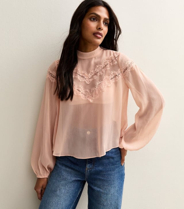 New Look Women's Pink Chiffon Lace Trimmed High Neck Blouse New Look - 3
