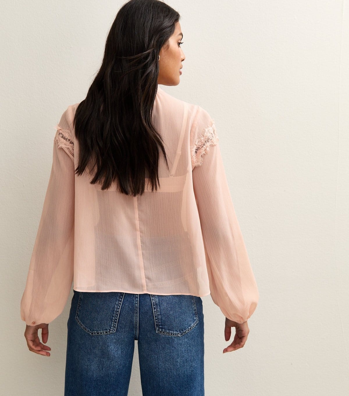 New Look Women's Pink Chiffon Lace Trimmed High Neck Blouse New Look - 4