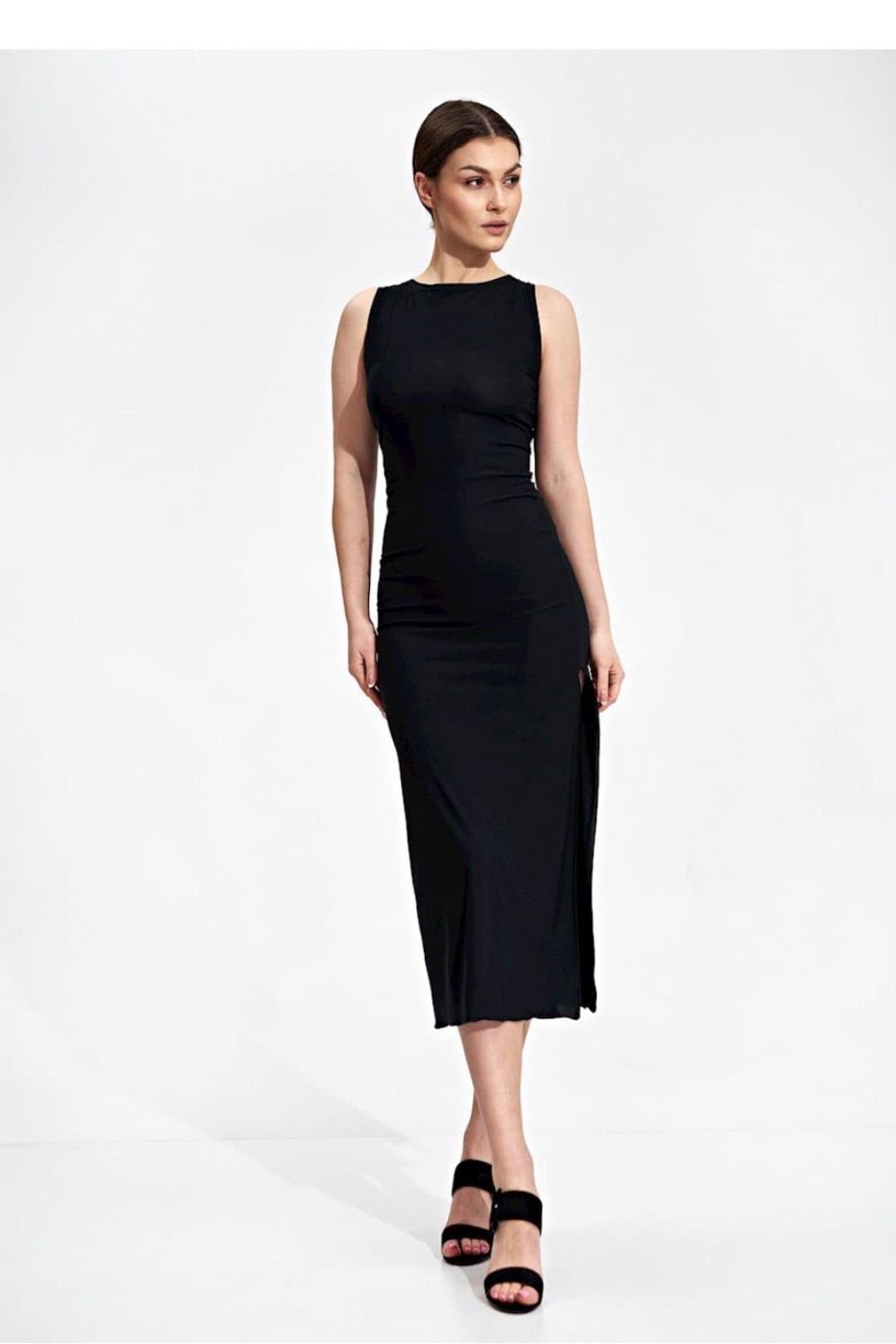 Love Lace Love Lace Women's Fitted Stretch Midi Dress Deep Tie Back in Black