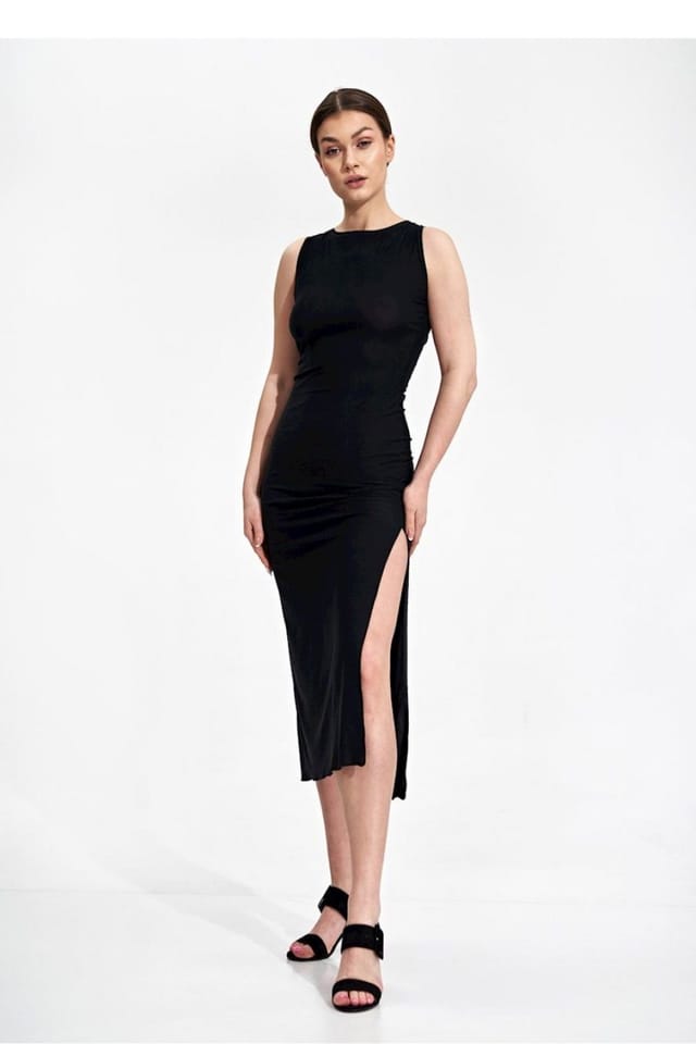 Love Lace Love Lace Women's Fitted Stretch Midi Dress Deep Tie Back in Black - 2