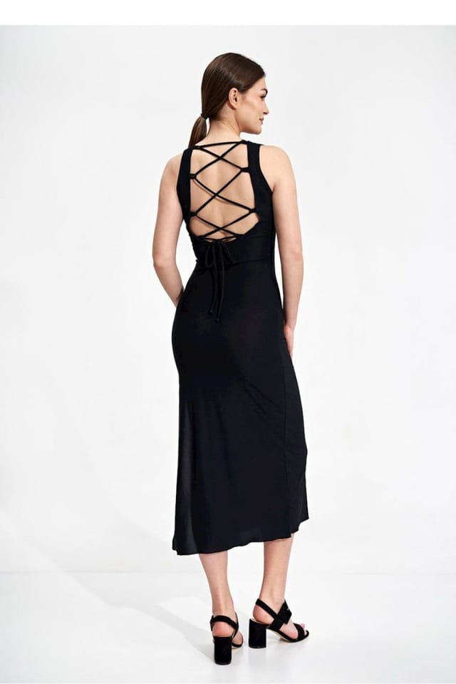 Love Lace Love Lace Women's Fitted Stretch Midi Dress Deep Tie Back in Black - 3