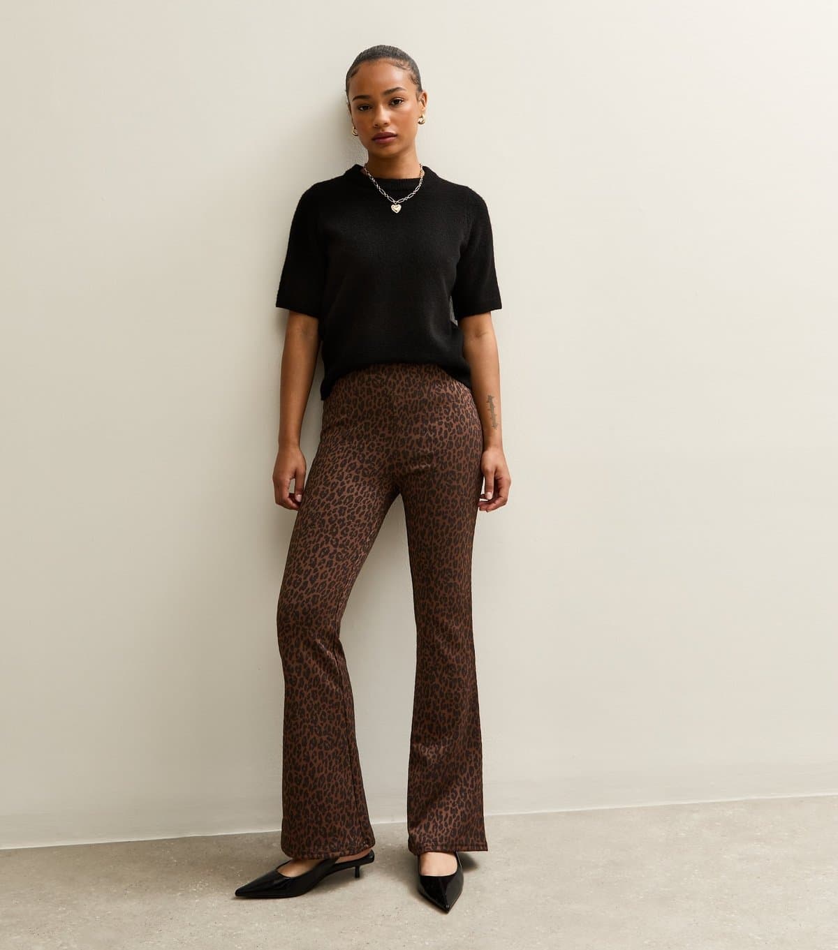 New Look Women's Petite Brown Leopard Print Flared Leg Trousers New Look