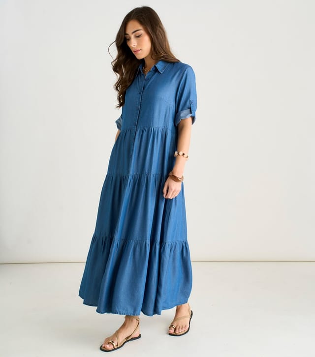 Gini London Women's Blue Chambray Maxi Shirt Dress Gini London New Look - 3