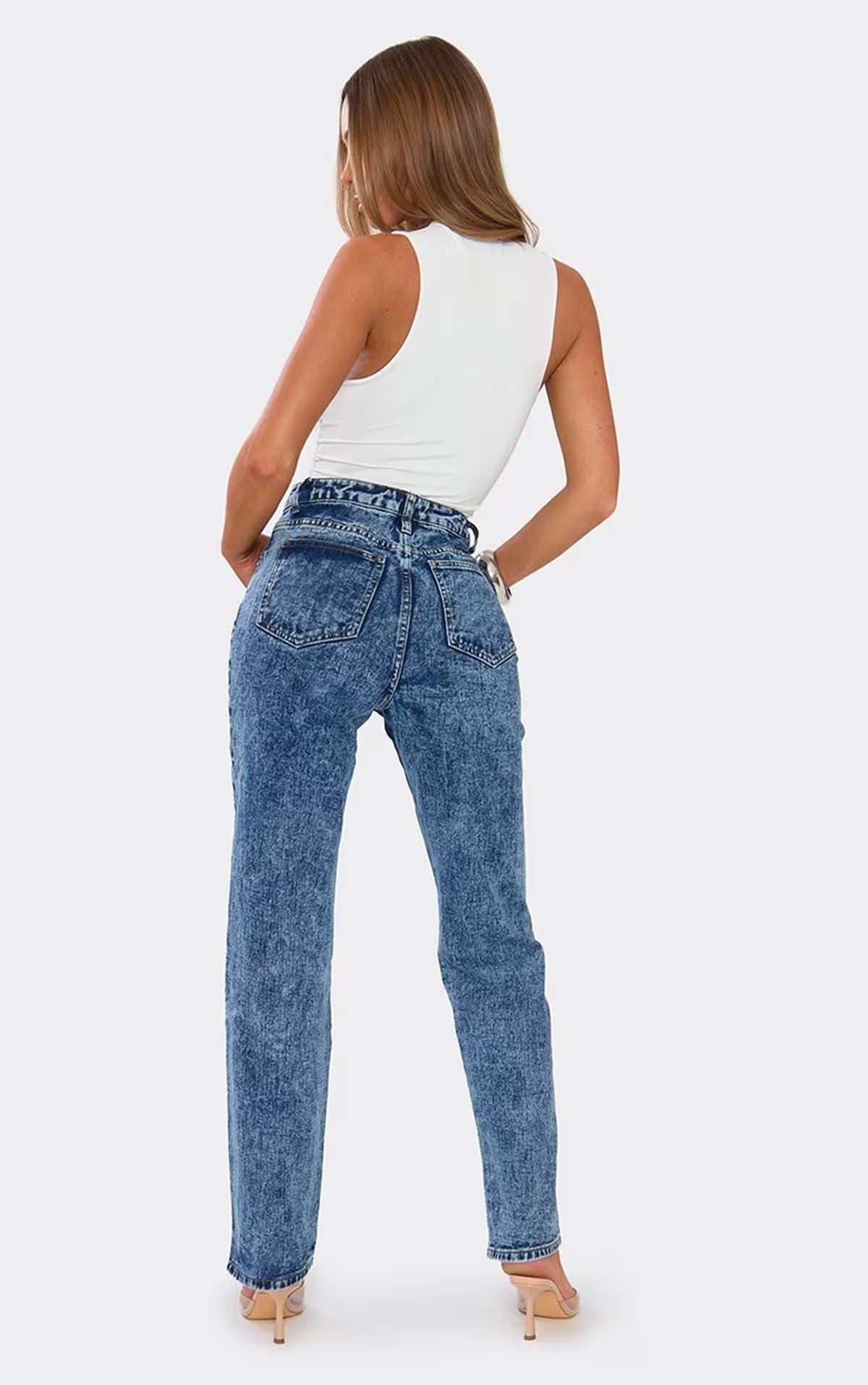 EGO High Waist Straight Leg Jeans In Acid Wash Mid Blue Denim, Women's Size UK 4