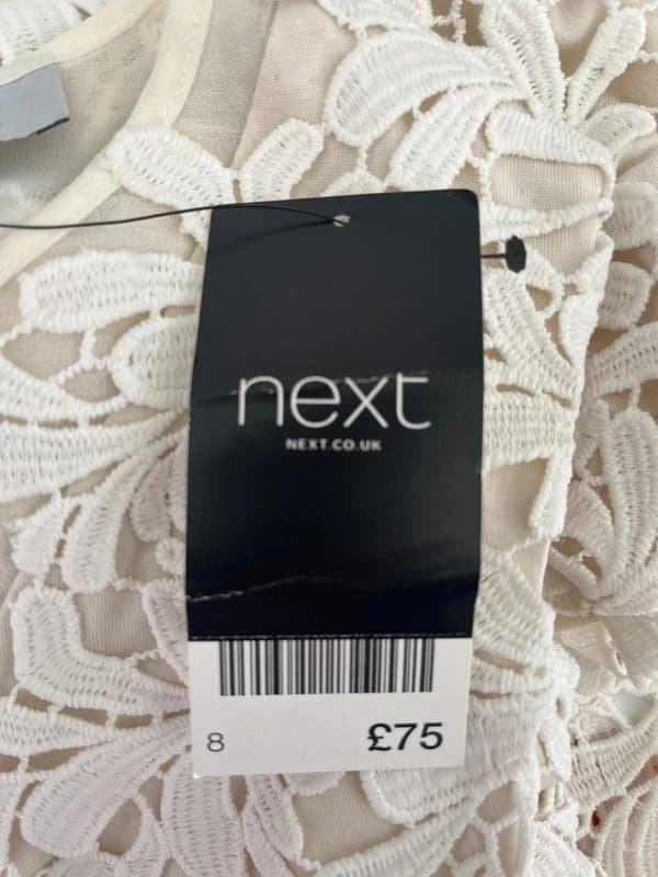 Next NEXT Dress Size Small 8 Lace Midi Ivory White Bodycon Zip Women's NEW EU36 RRP£75