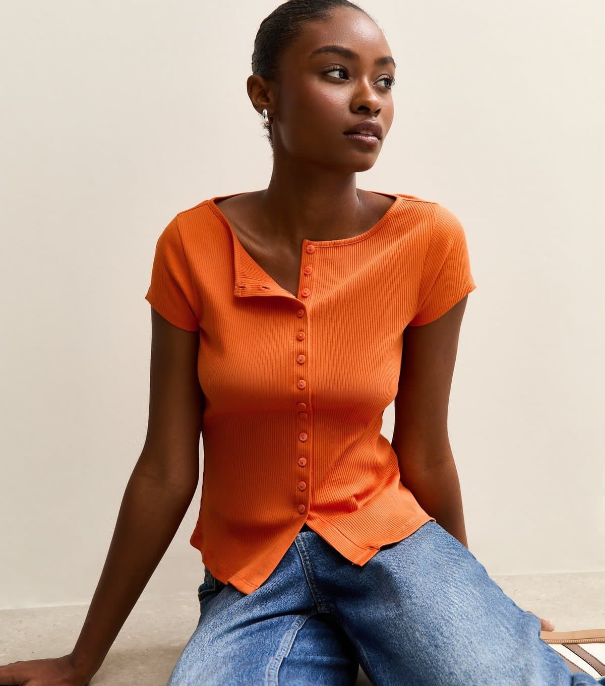 New Look Women's Bright Orange Button Through Baby Tee New Look