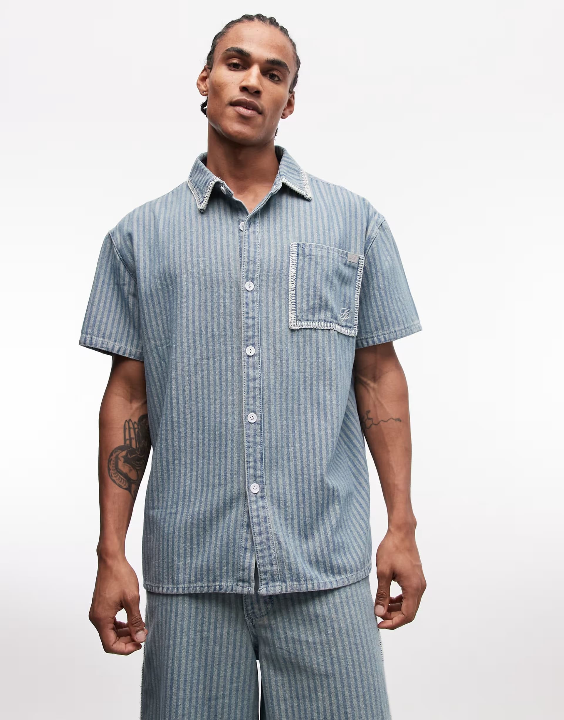 ASOS Liquor N Poker boxy pinstripe embroidery pocket detail shirt co-ord in blue