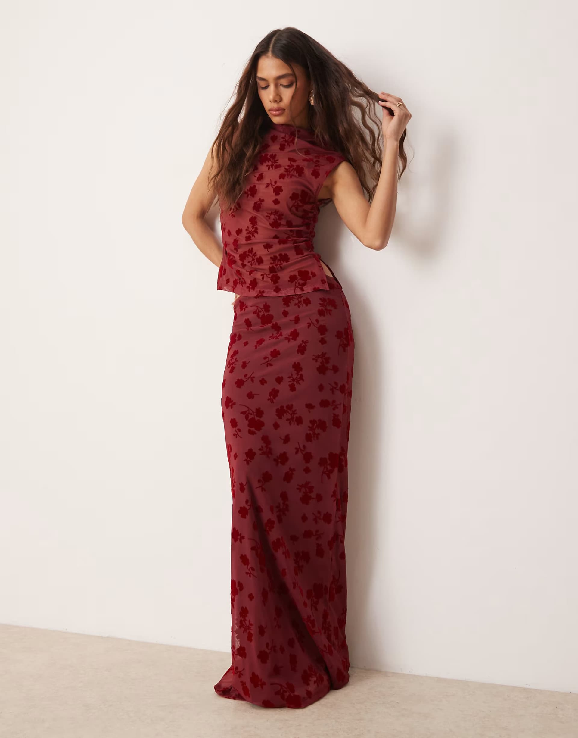 ASOS ASOS DESIGN flocked mesh low rise co ord maxi skirt in red