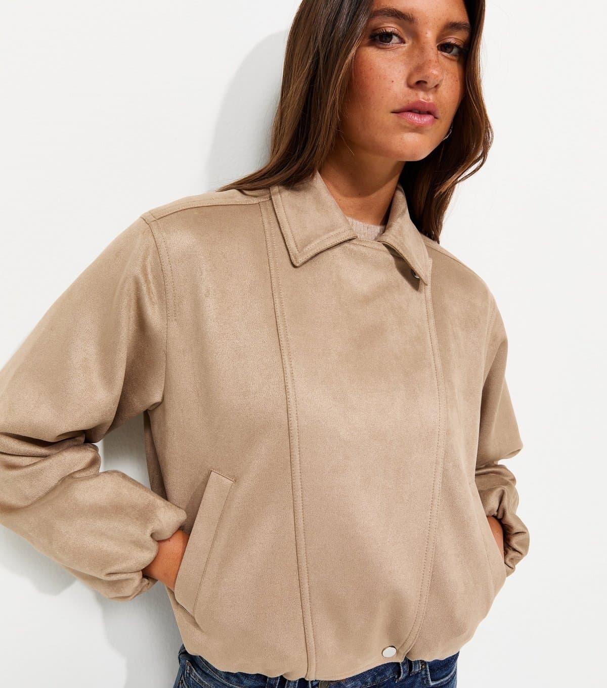 New Look Women's Stone Faux Suede Bubble Hem Jacket New Look