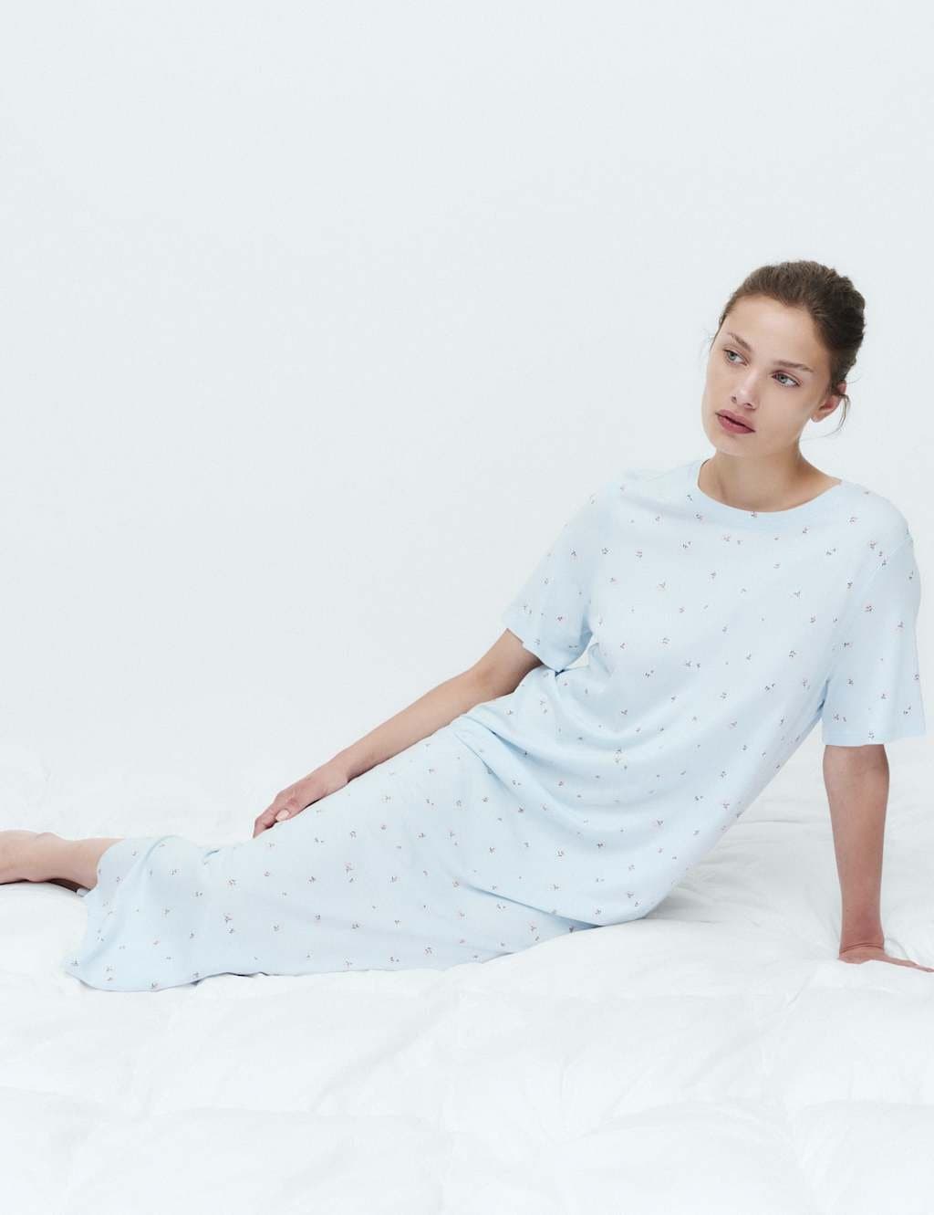 Marks & Spencer M&S Cotton Modal Printed Long Nightdress Light Blue Mix