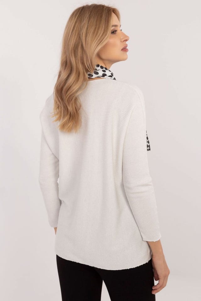 Love Lace Love Lace Women's Elegant Shimmer V Neck Sweater with Scarf in White - 3