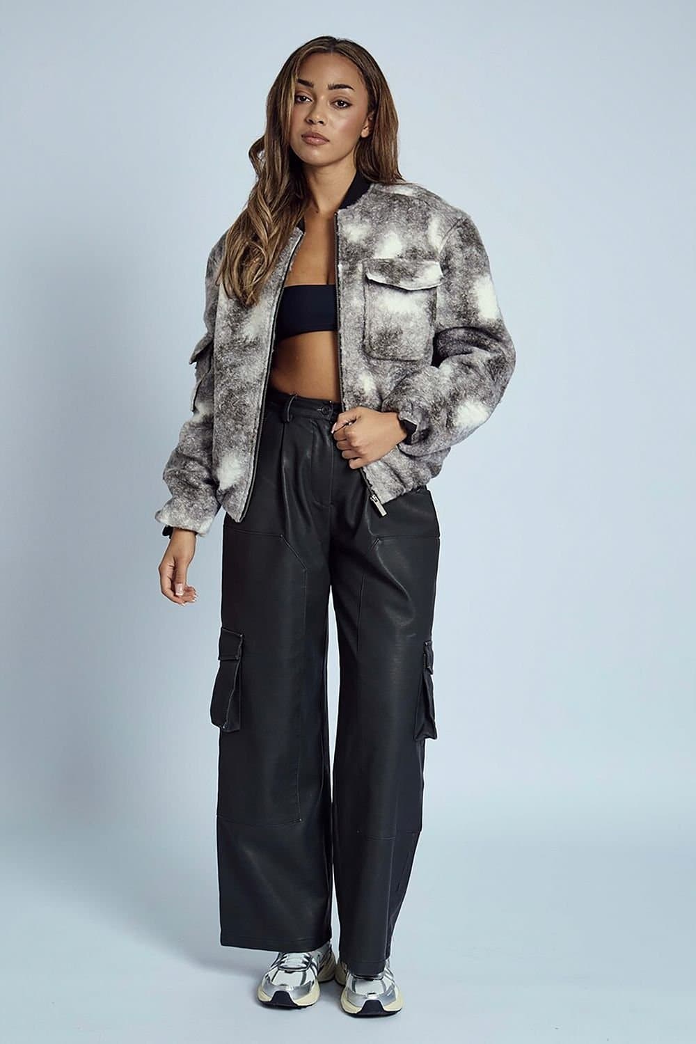 Native Youth Native Youth Women's Boucle Marble Print Zip Bomber Jacket in Grey