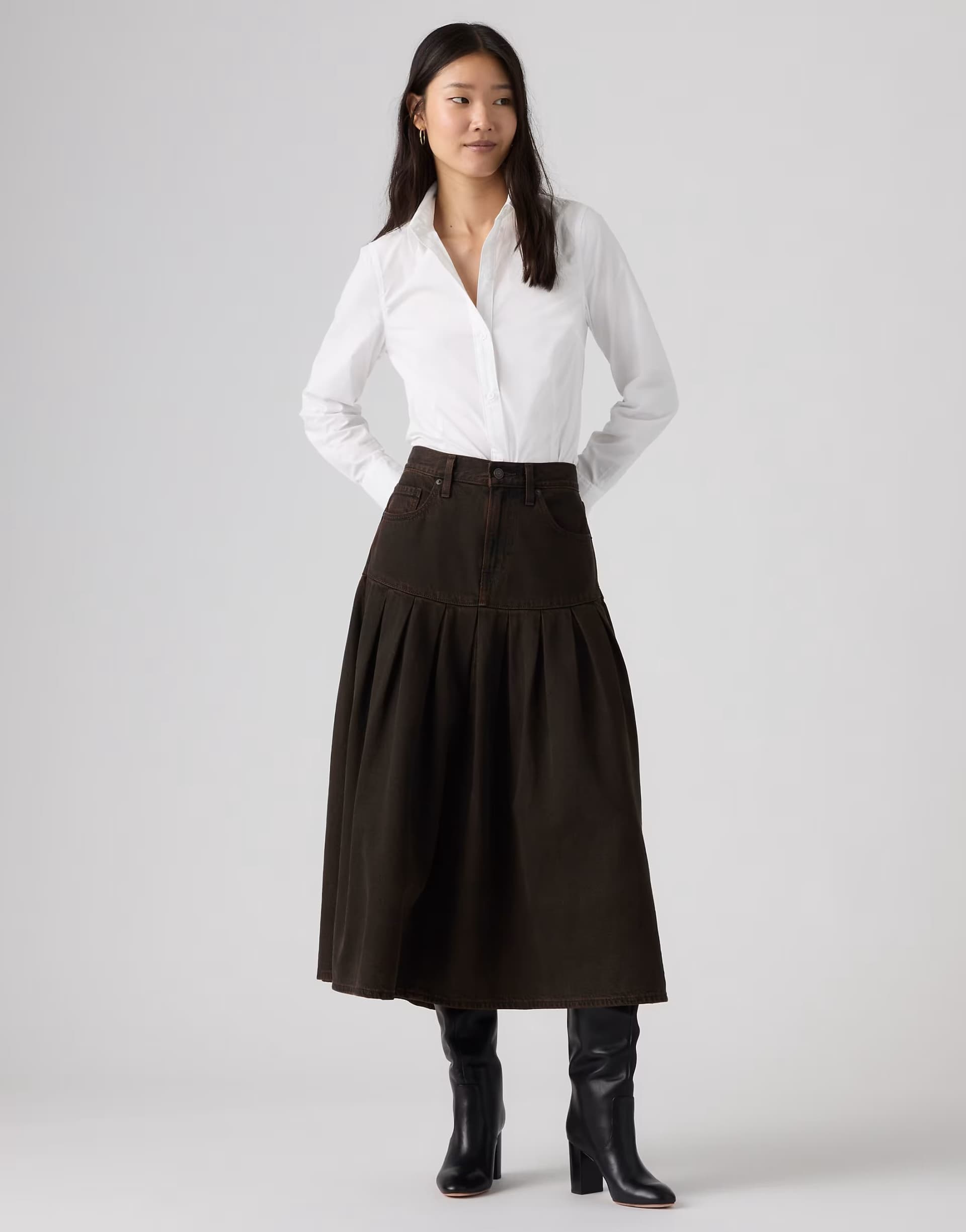 ASOS Levi's Yoked pleated maxi denim skirt in brown