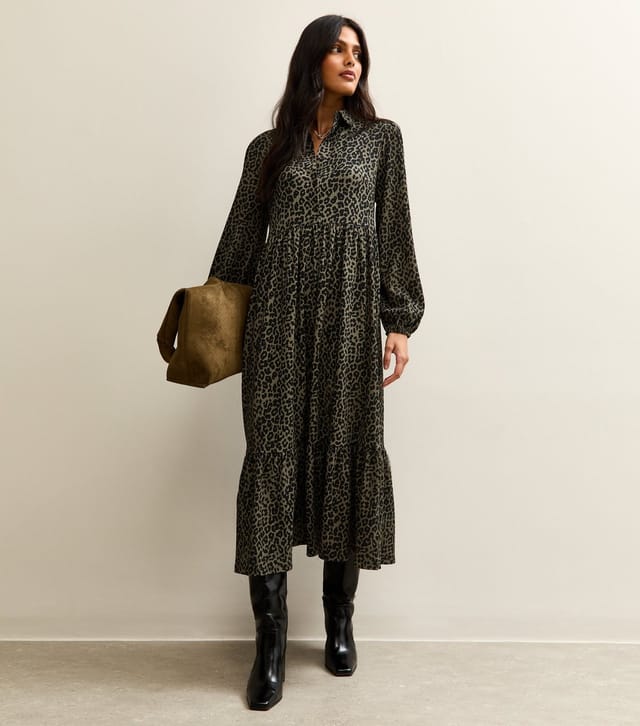 New Look Women's Green Animal Print Buttoned Long Sleeve Midi Dress New Look - 3