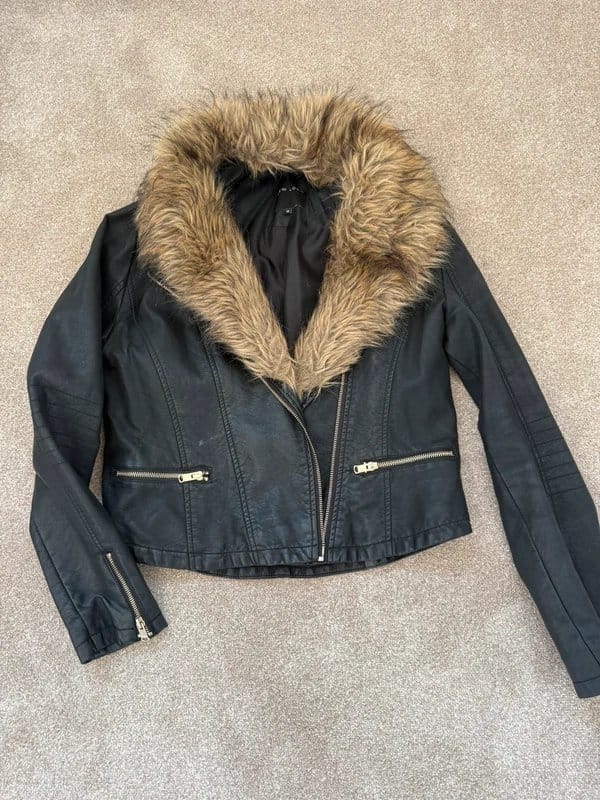New Look Black Leather Fur Collar Jacket
