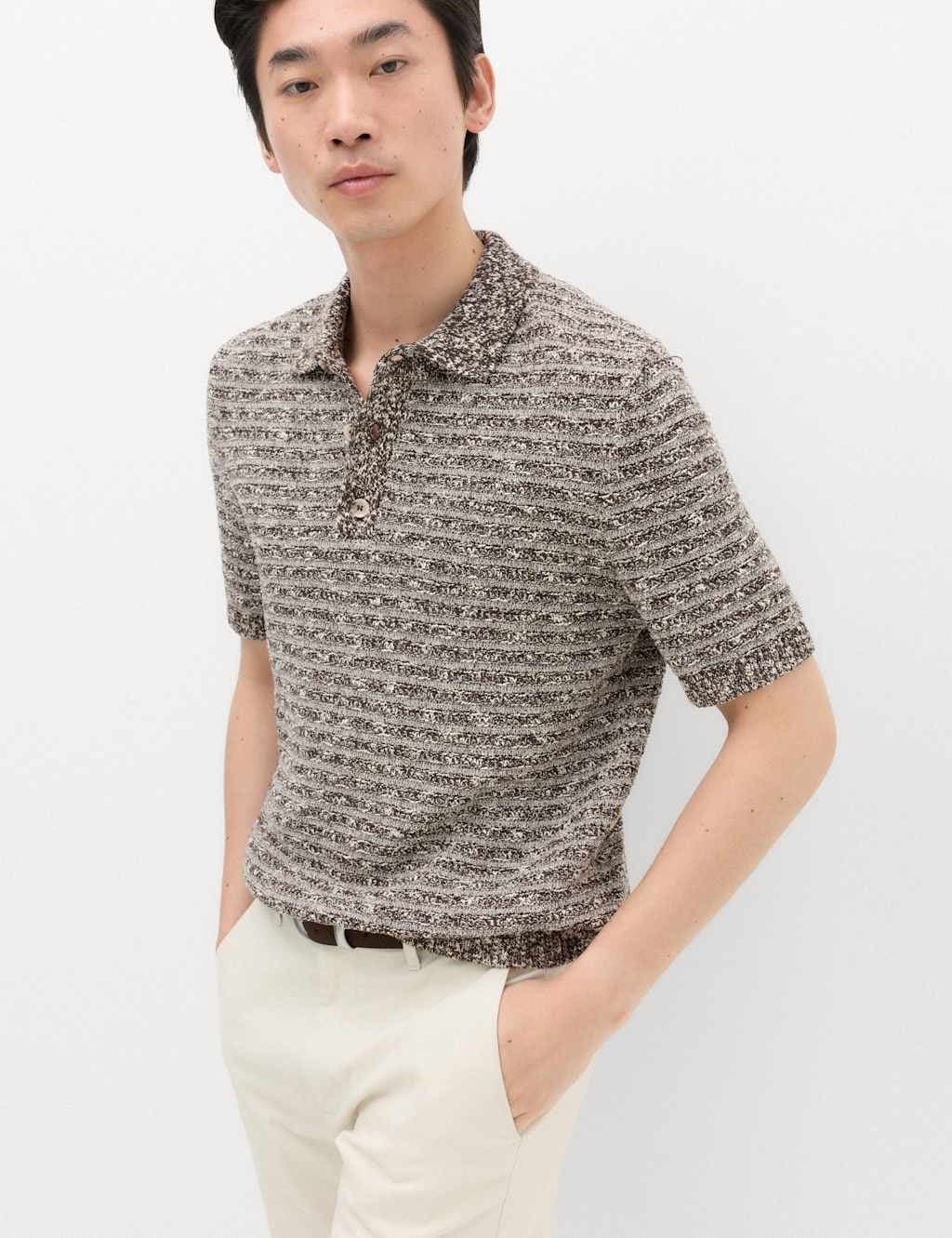 Marks & Spencer M&S Cotton Rich Textured Knitted Polo Shirt Chestnut