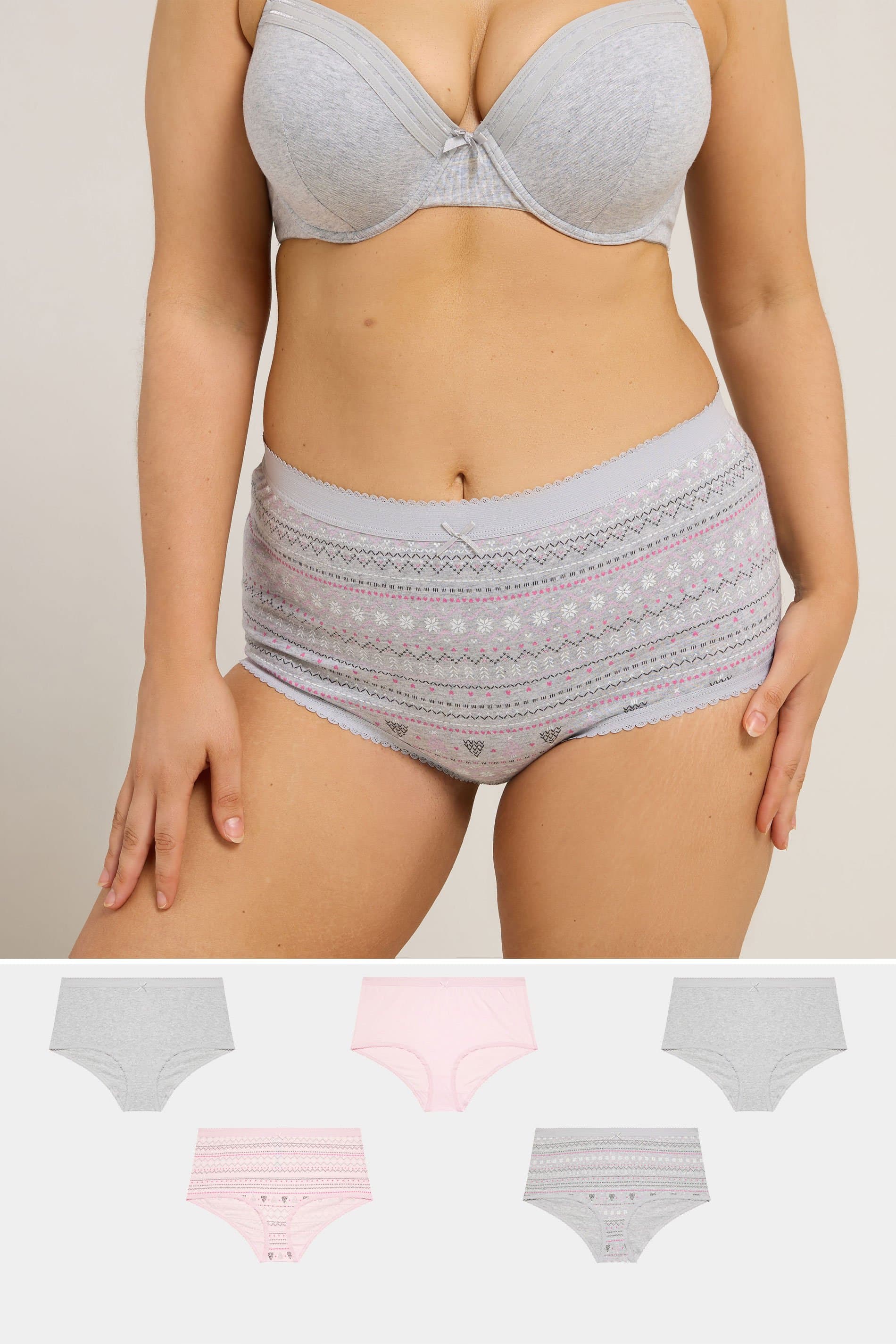 Yours 5 Pack Plus Size Grey Fairisle Full Briefs