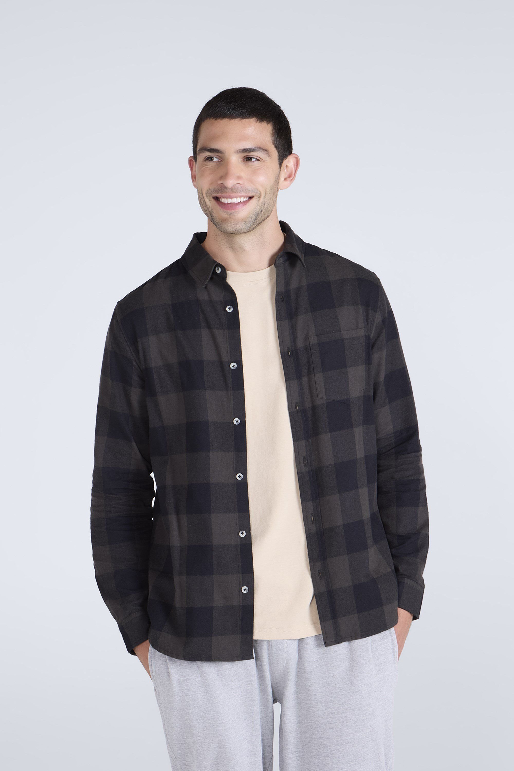 Animal Animal Men's 'Cove' Cotton Check Flannel Shirt Stylish Lightweight Button Down Top in Black - 1