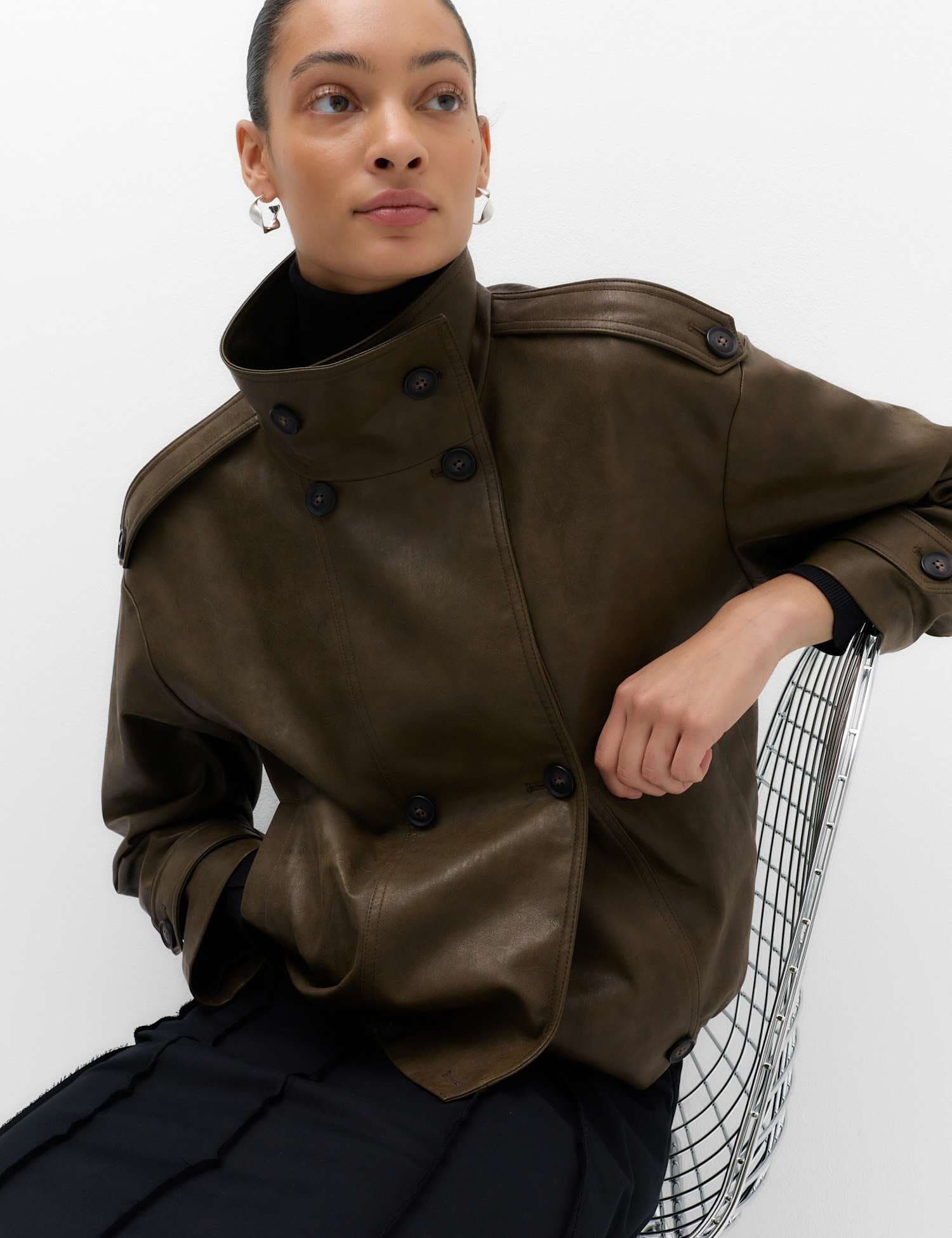 Marks & Spencer M&S Faux Leather Funnel Neck Biker Jacket Olive