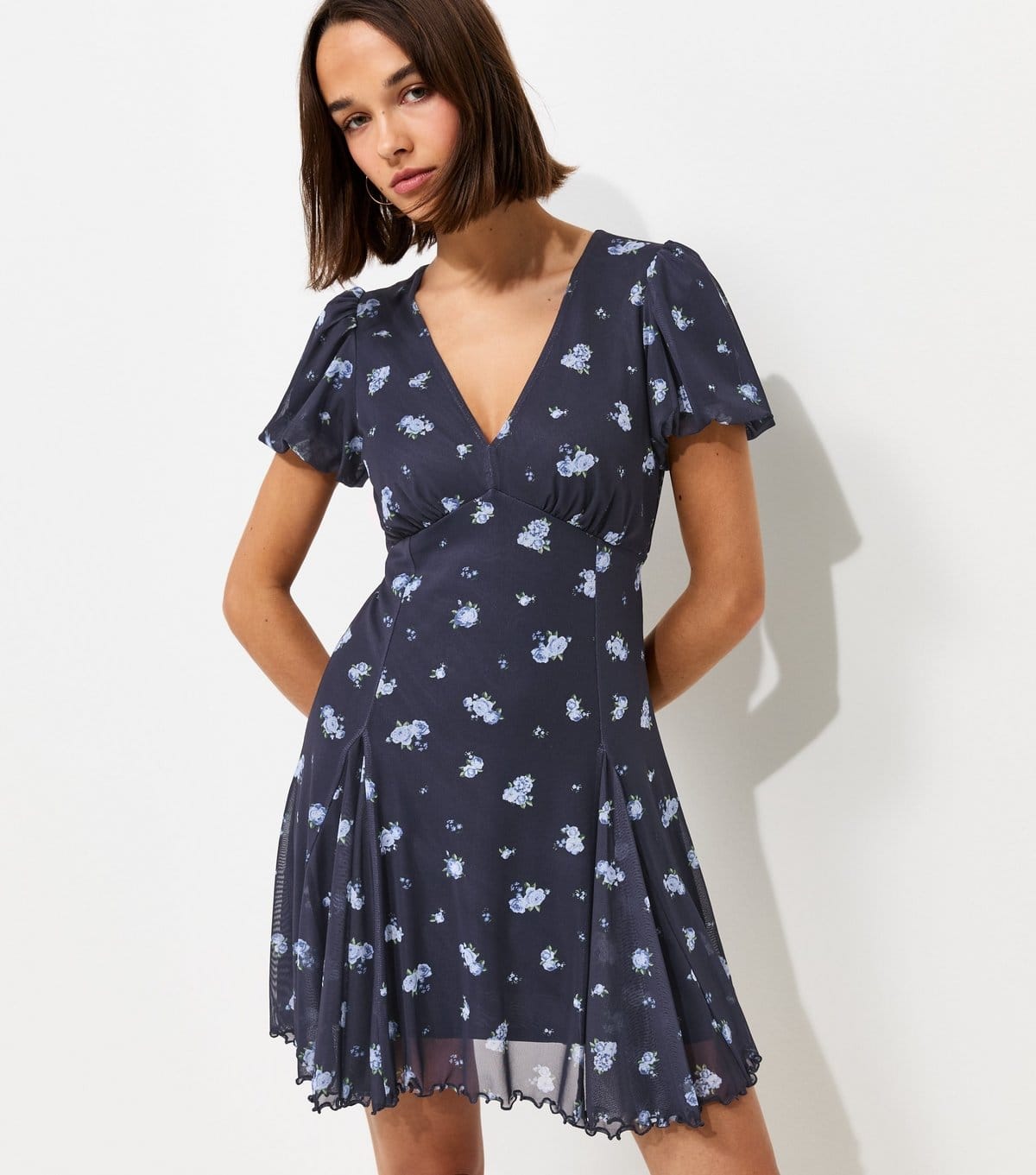 Women's Blue Ditsy Print V Neck Mesh Mini Dress New Look