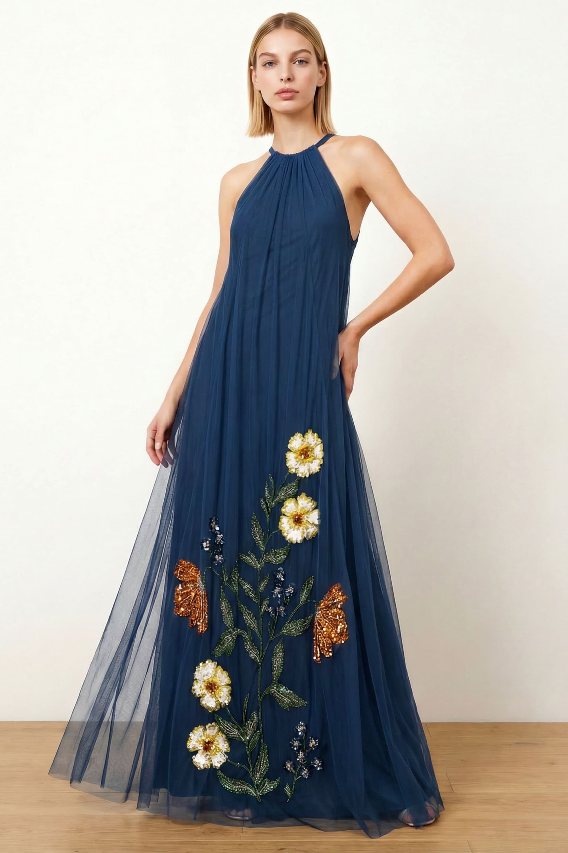 Maya Deluxe Maya Deluxe Women's Floral Embellished Halter Neck Trapeze Maxi Dress in Blue