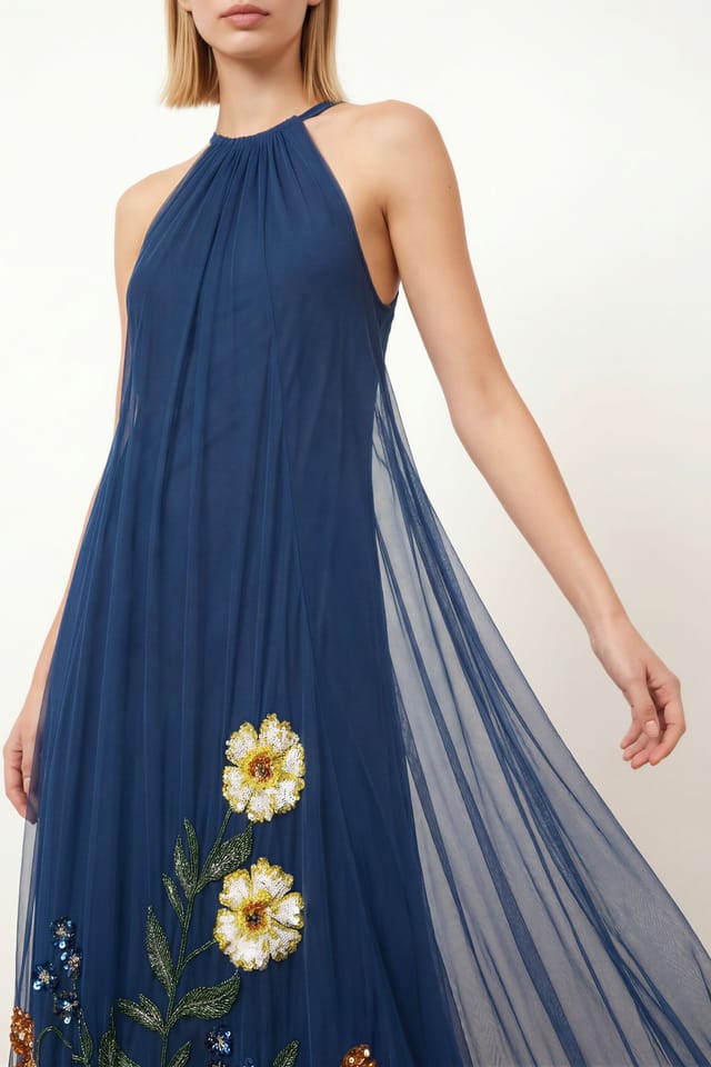 Maya Deluxe Maya Deluxe Women's Floral Embellished Halter Neck Trapeze Maxi Dress in Blue - 3