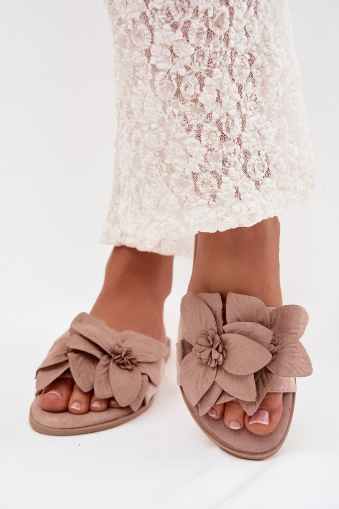 Love Lace Love Lace Beige Suede-Style Flower Strap Flat Sole Slippers