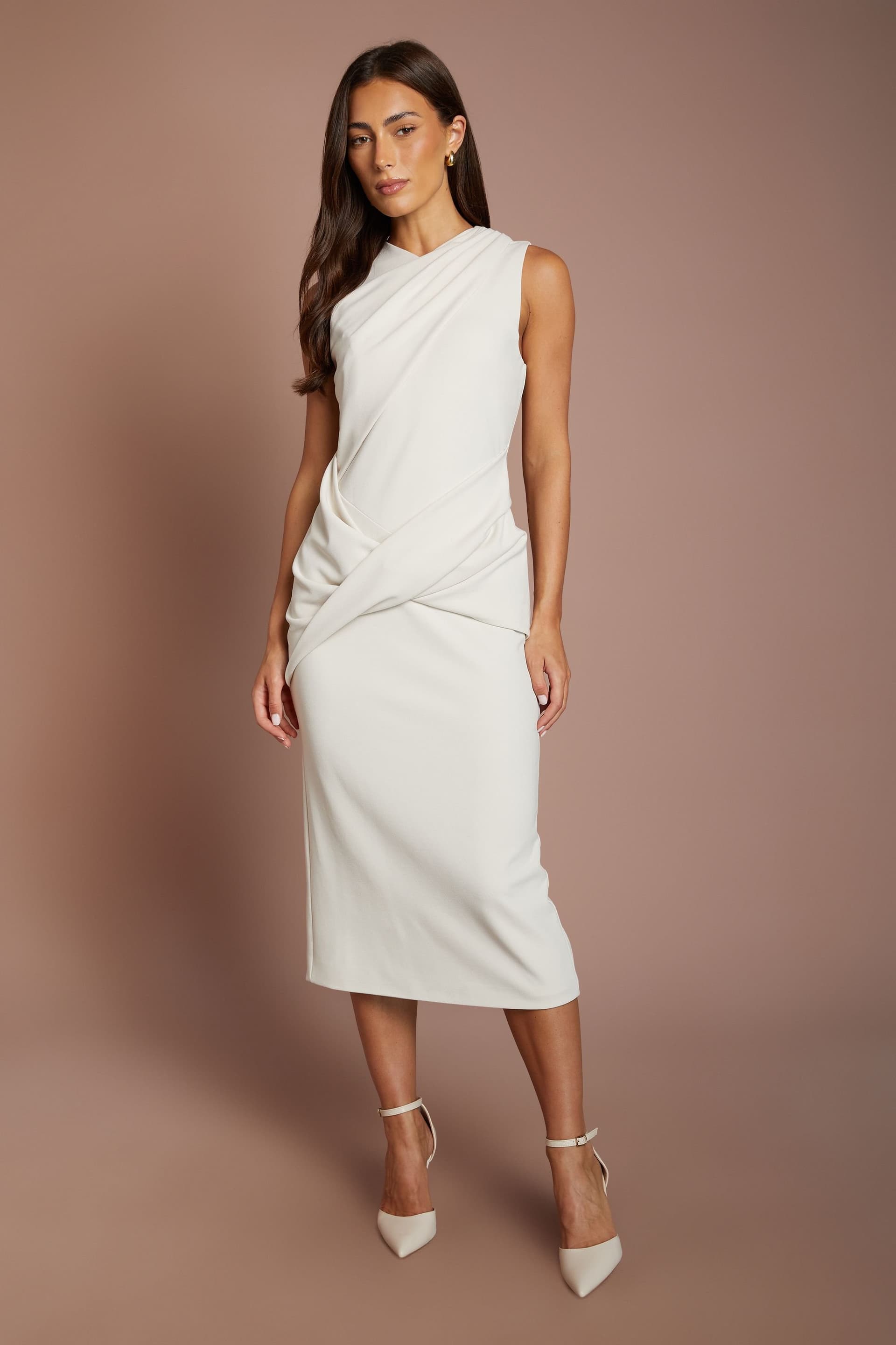 Coast Coast Women's Cross Over Detail Crepe Pencil Midi Dress in Ivory