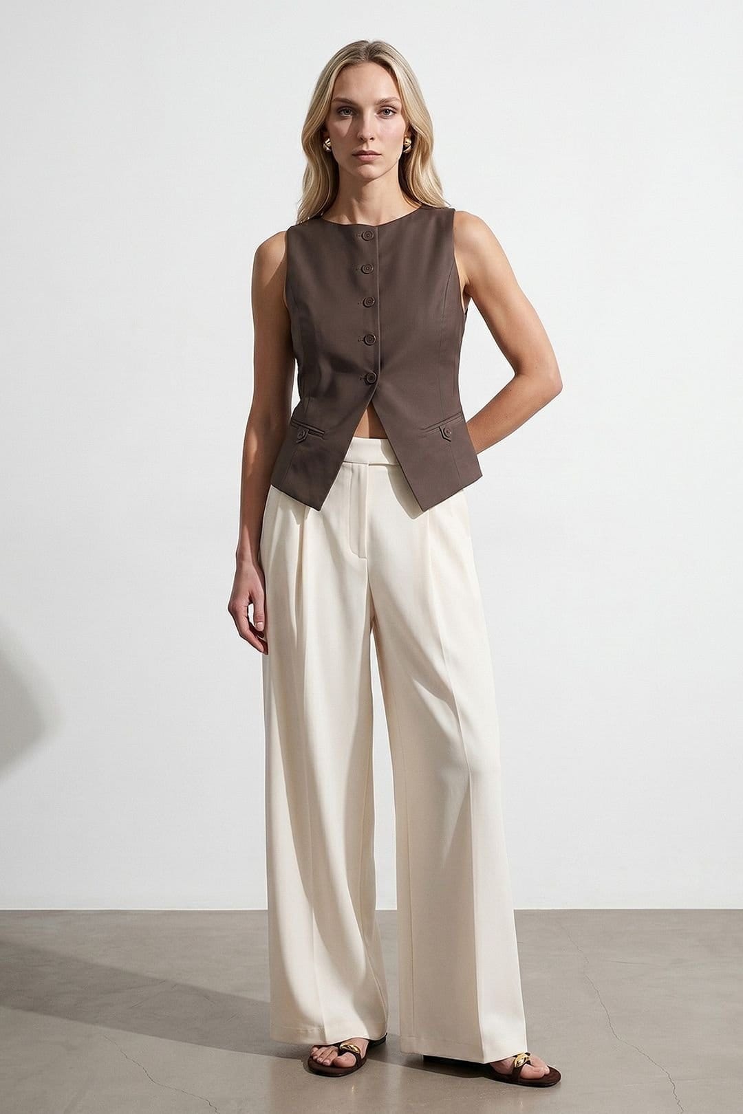 Dilvin Dilvin Women's Fitted Crop Waistcoat in Chocolate - 4
