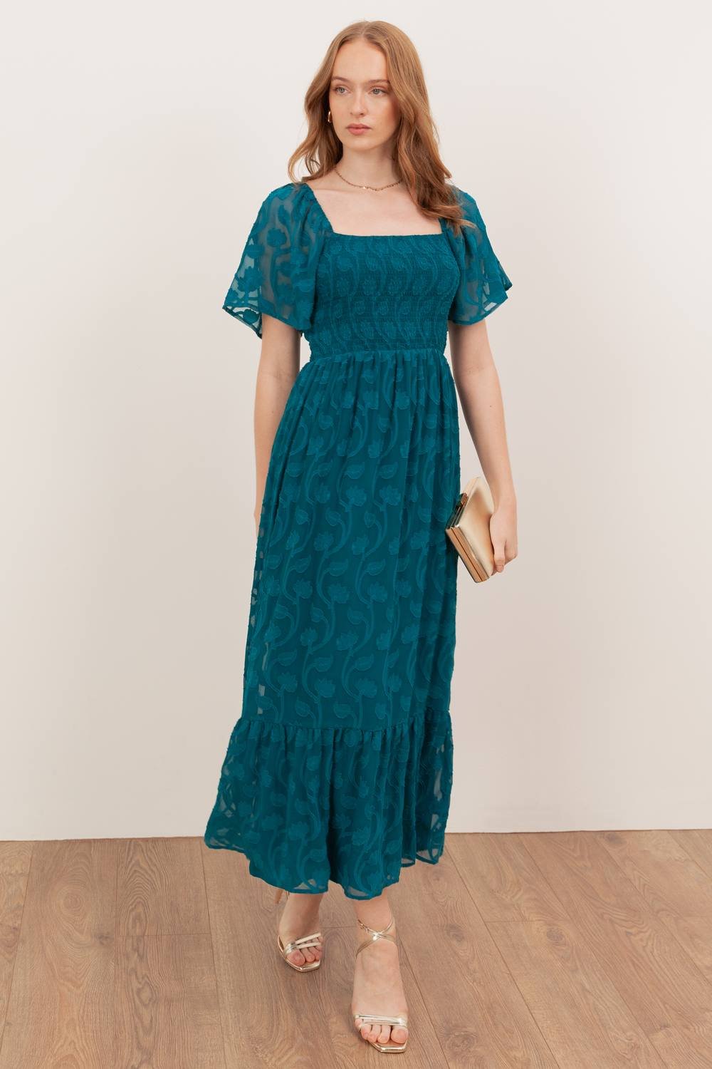 Lovedrobe Lovedrobe Women's Floral Burnout Square Neck Shirred Midaxi Dress in Teal - 2