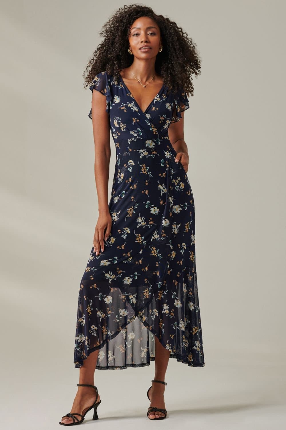 Jolie Moi Jolie Moi Women's Heleyna Ruffle Hem Mesh Maxi Dress in Navy