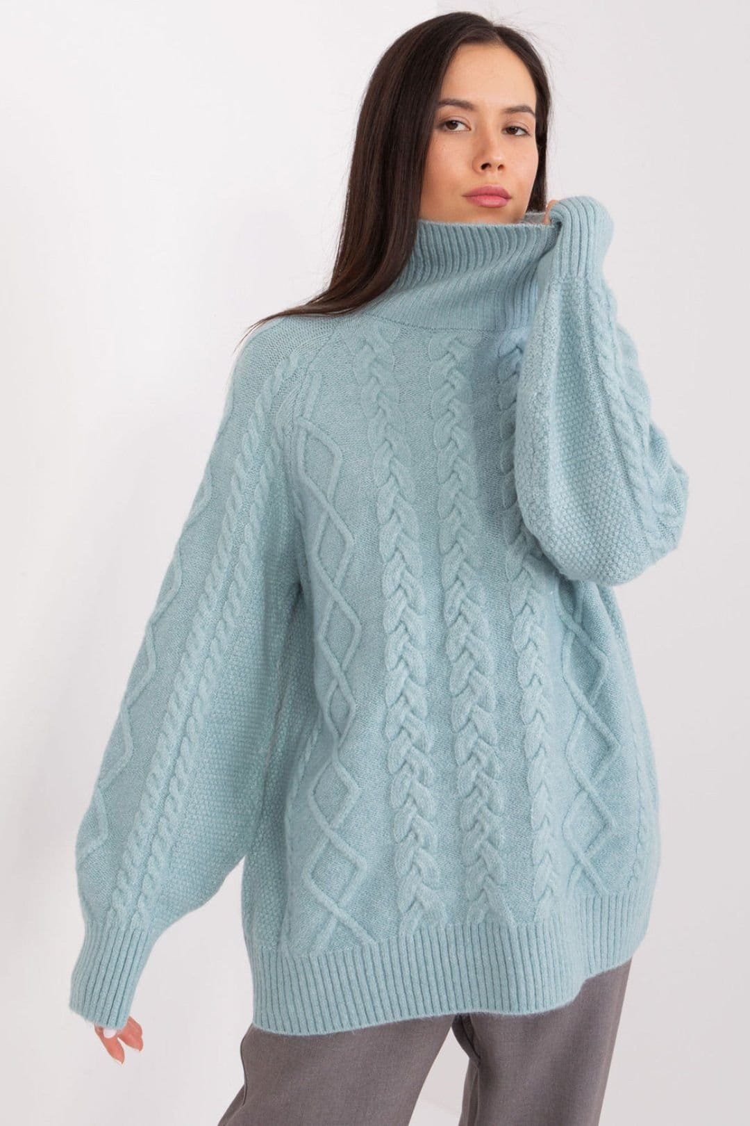Love Lace Mint Acrylic Plaid Turtleneck Sweater