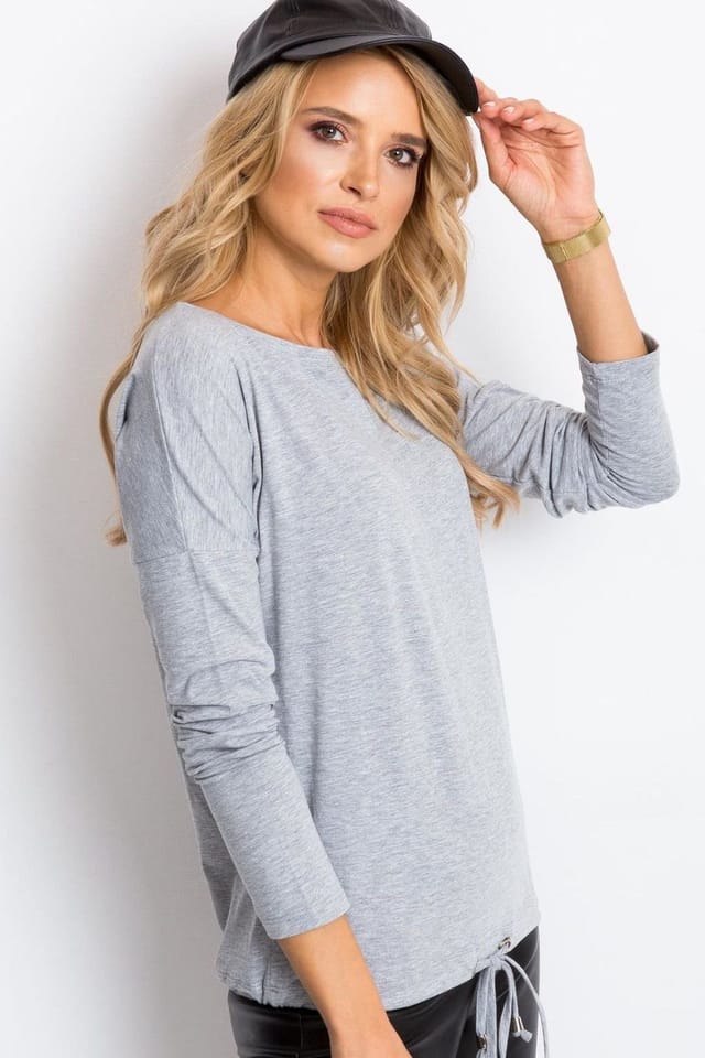 Love Lace Love Lace Women's Straight Cut Long Sleeve Blouse With Tie Hem in Grey - 2