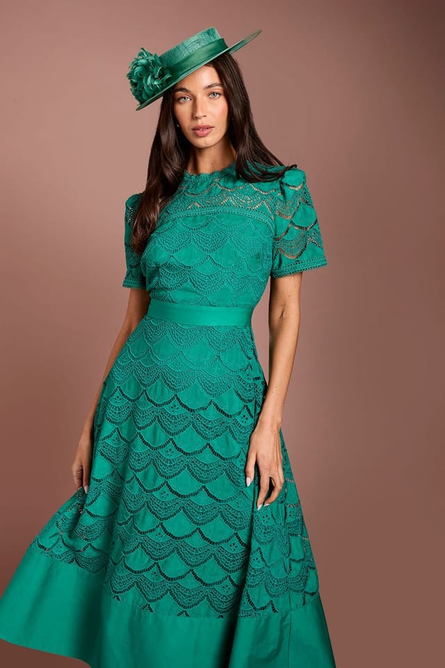 Coast Coast Women's Lisa Tan Lace Satin Trim Short Sleeve Midi Dress in Green - 2