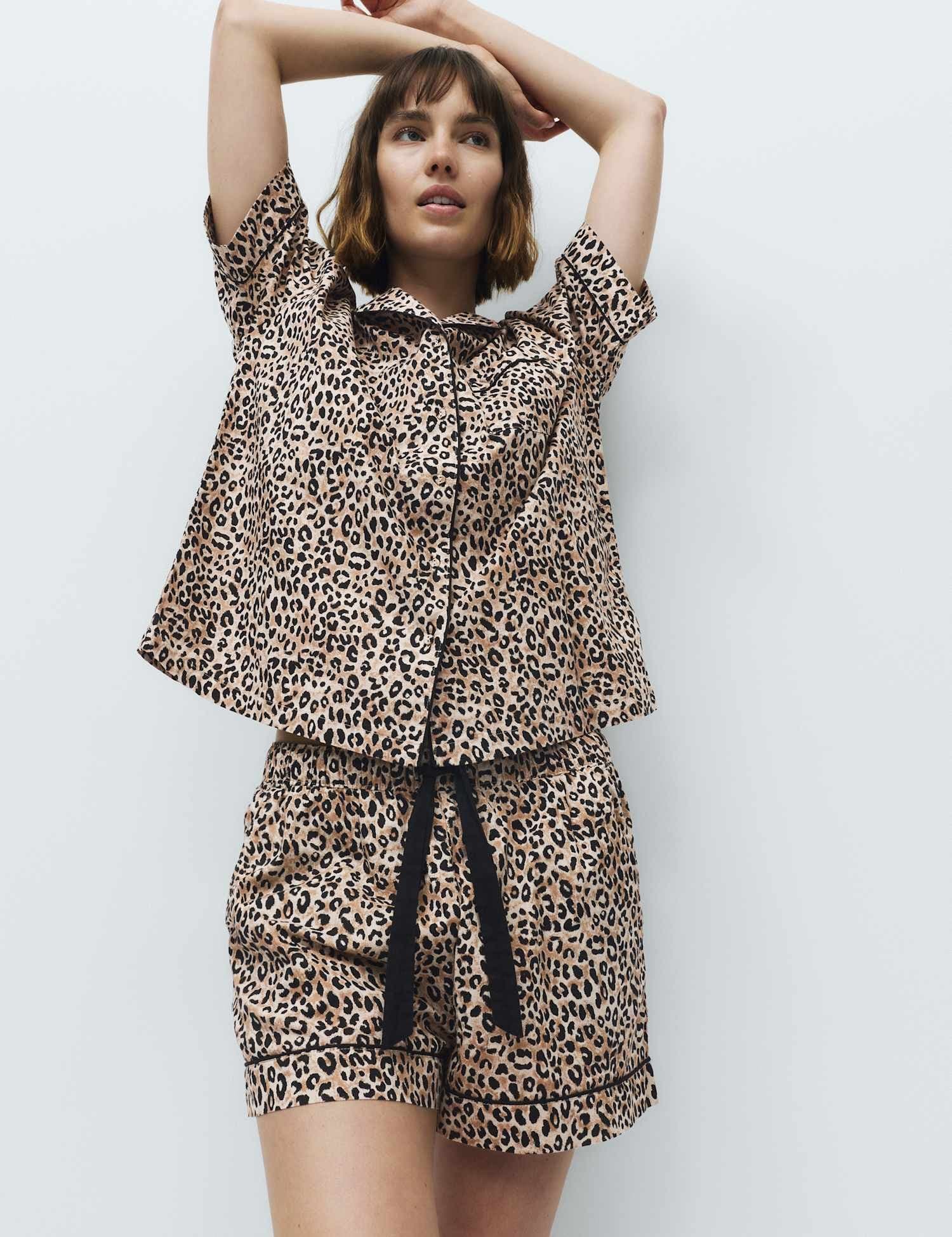 Marks & Spencer M&S Pure Cotton Animal Print Short Sleeve Pyjama Set Brown Mix