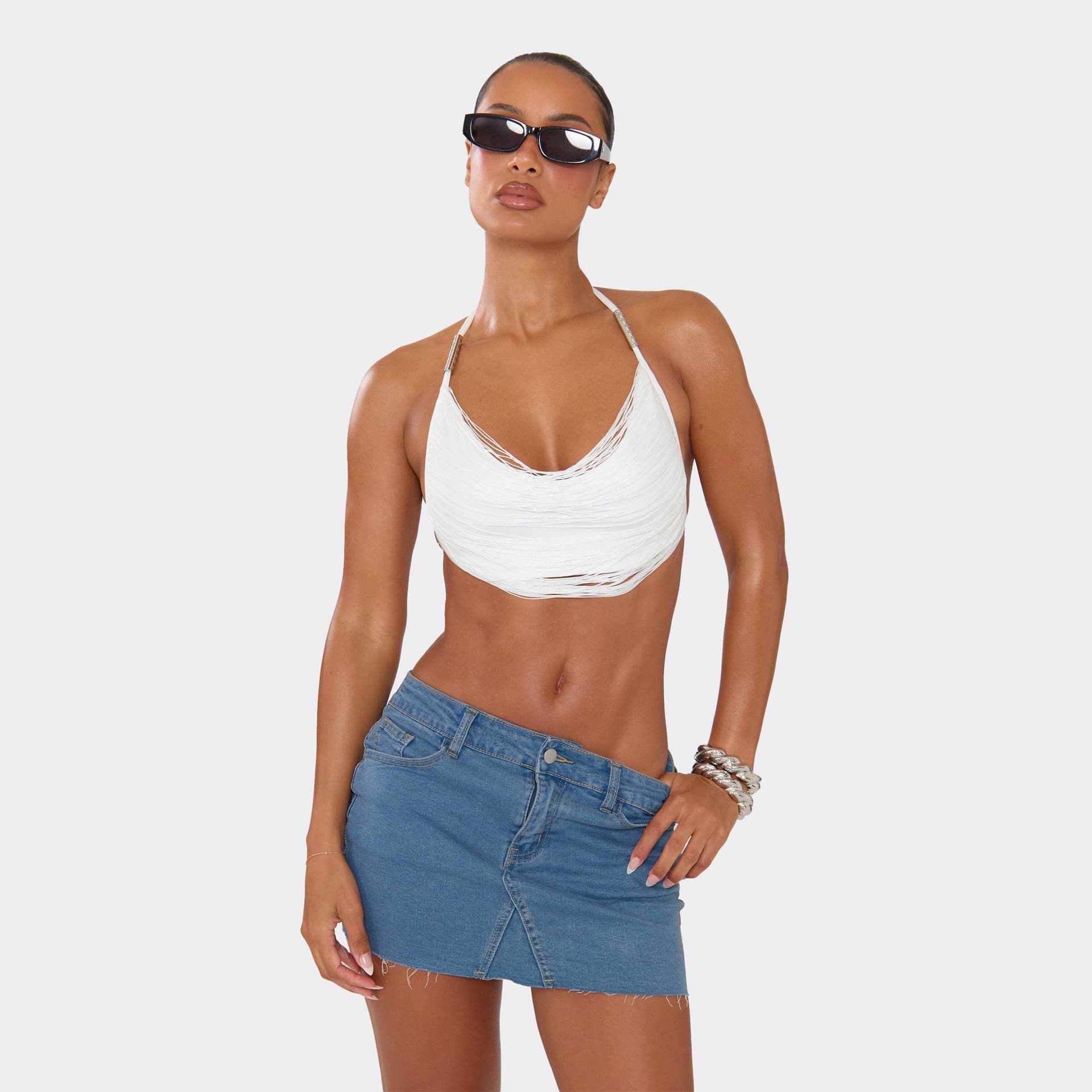EGO Halterneck Fringe Detail Top In White, Women's Size UK 12