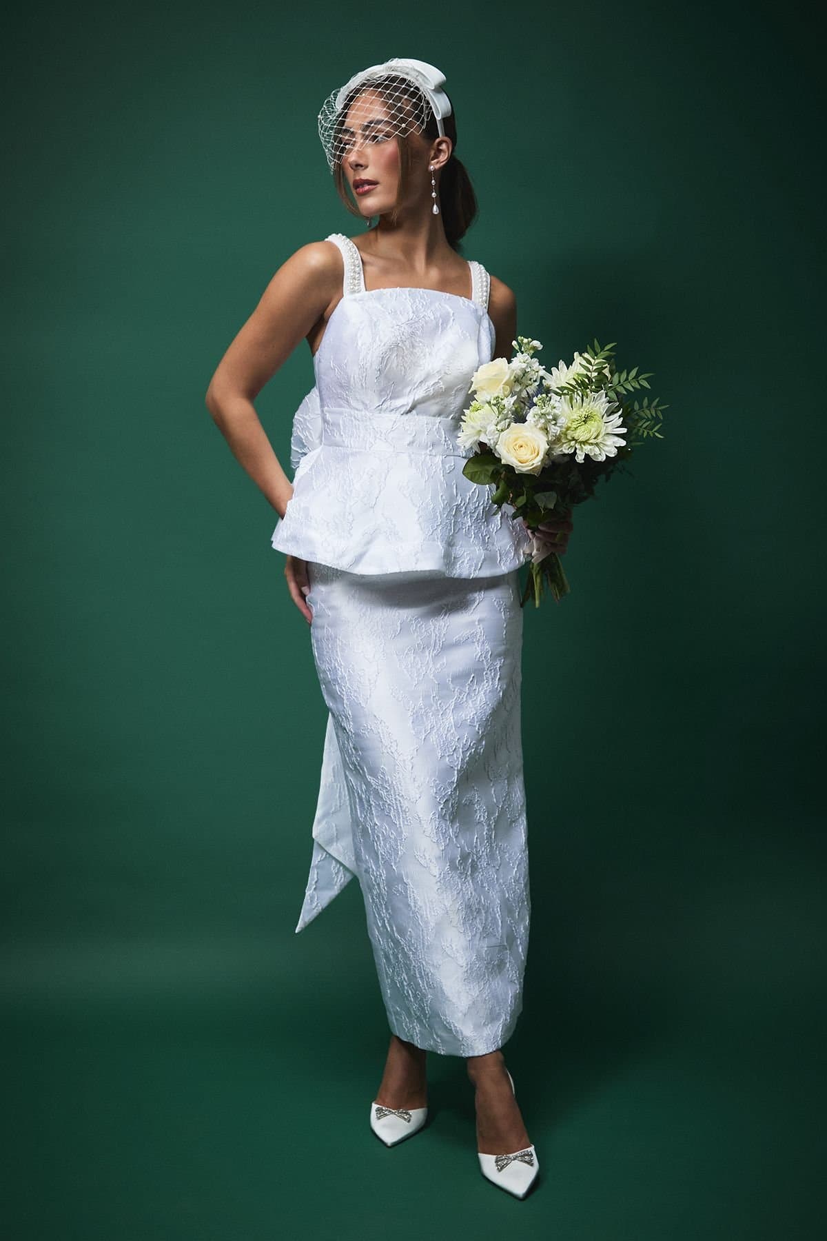 Coast Coast Women's Lisa Tan Pearl Strap Peplum Bridal Top With Statement Bow Detail in White