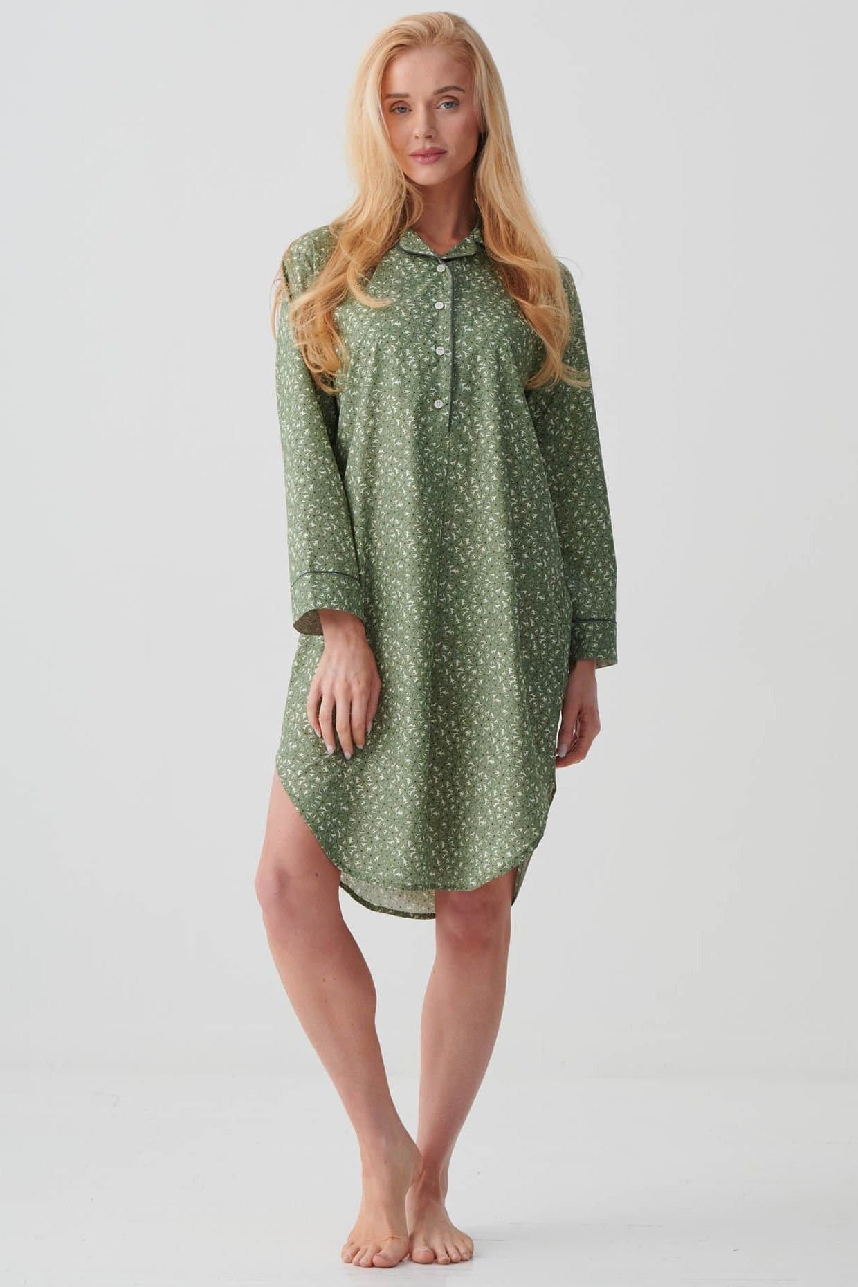 British Boxers British Boxers Women's "Shrub Sage Flower" Crisp Cotton Nightshirt in Pale Green